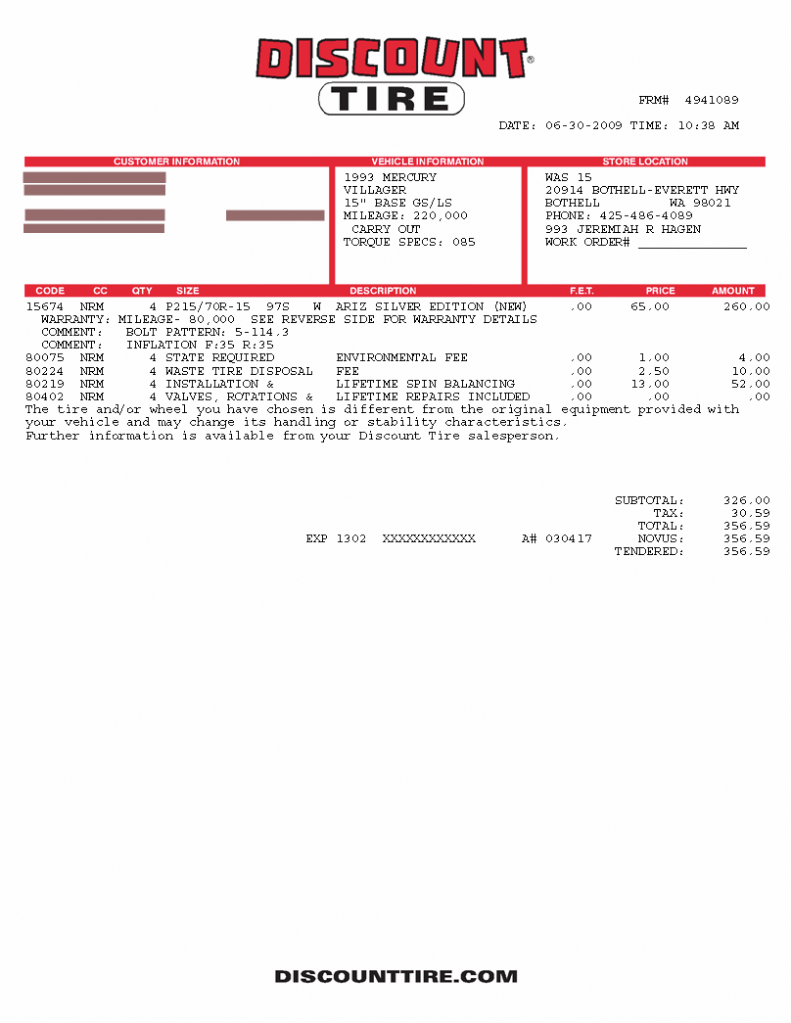 Tires Receipt Template Word